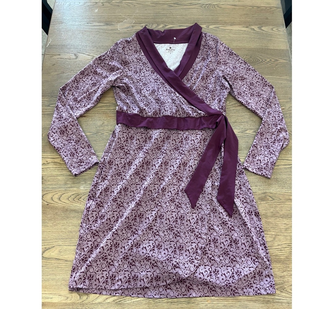 Athleta Purple Floral Scroll Faux Wrap Long Sleeve Dress Womens Large